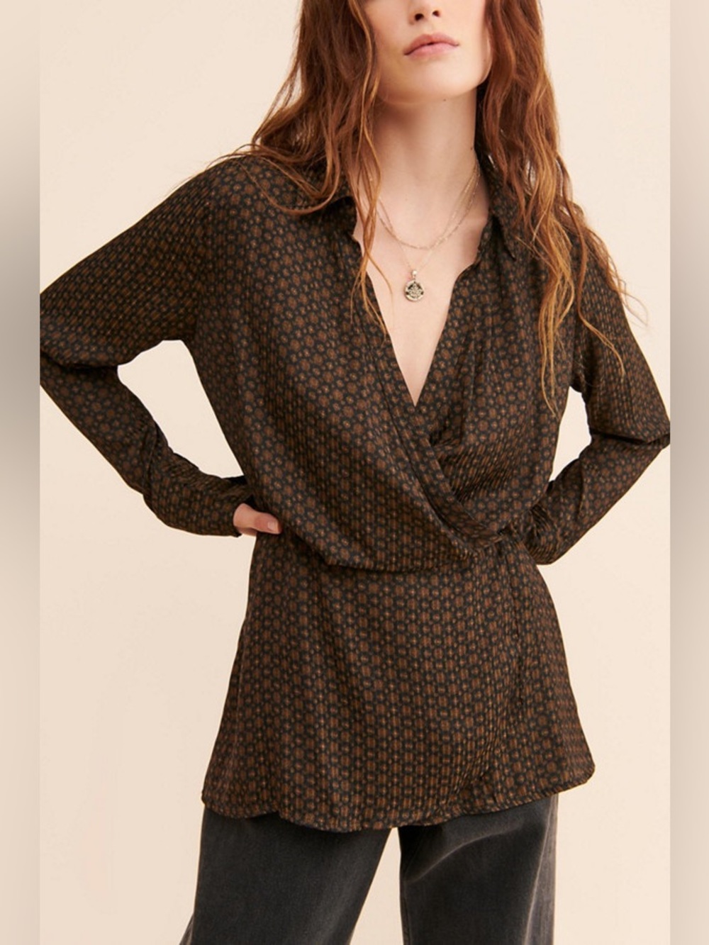 Free People Arlo Silky Foulard Printed Wrap Tunic Blouse Long Sleeve Size Small